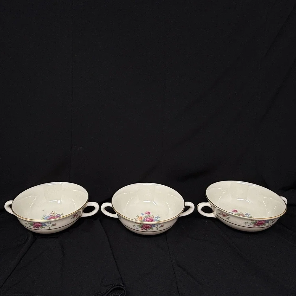 Lenox Rose Floral Cream Soup Handle Bowls Set 3 Pcs Floral Gold Trim 5 Inch Diam